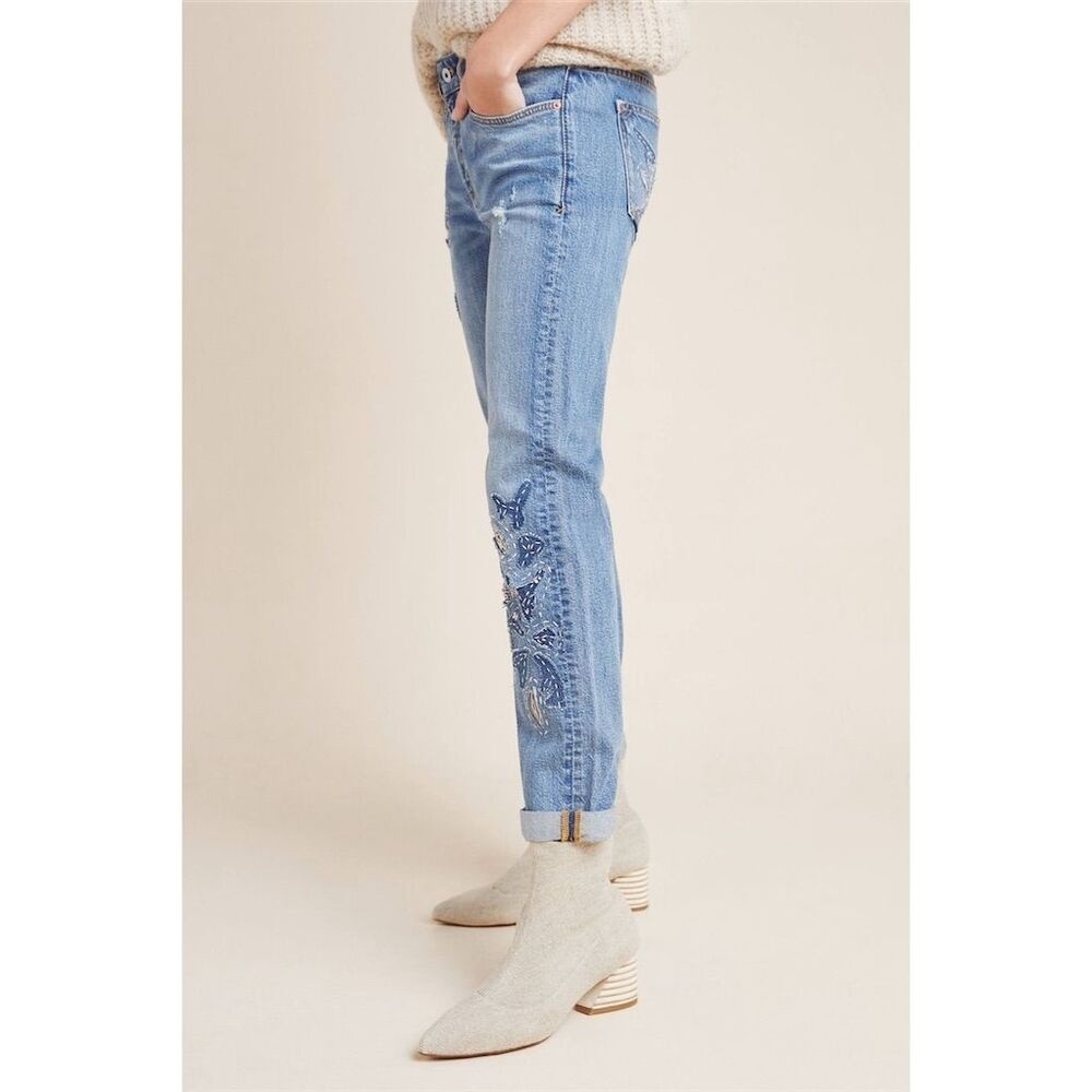 Anthro Pilcro Slim Boyfriend Embroidered Patchwork Floral Jeans Size 28 - Picture 4 of 15